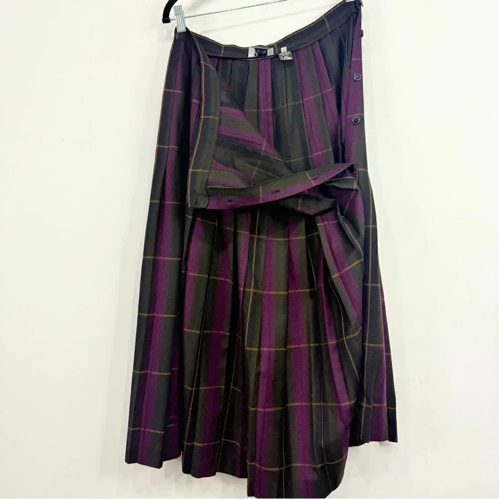 Premiere Green Burgundy Plaid 100% Wool Vintage Dark Academia Pleated Midi Skirt